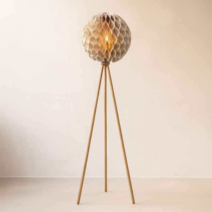 Lampadaire en lin taupe pied en teck h163cm BULAT