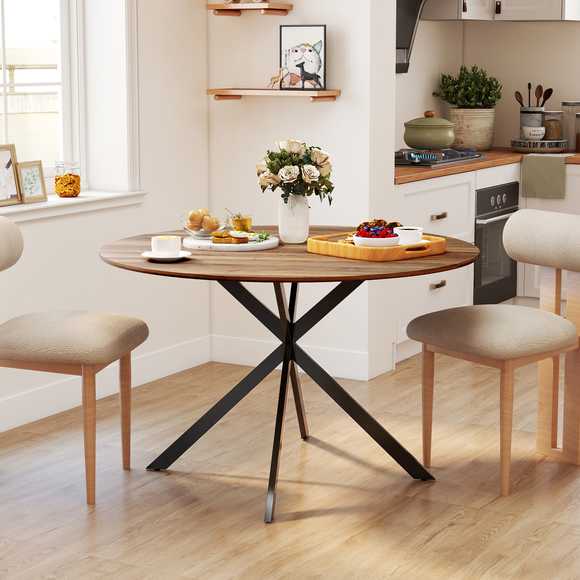 Table ronde bois 4 personnes dia. 120 cm style industriel piètement croisé acier noir noyer