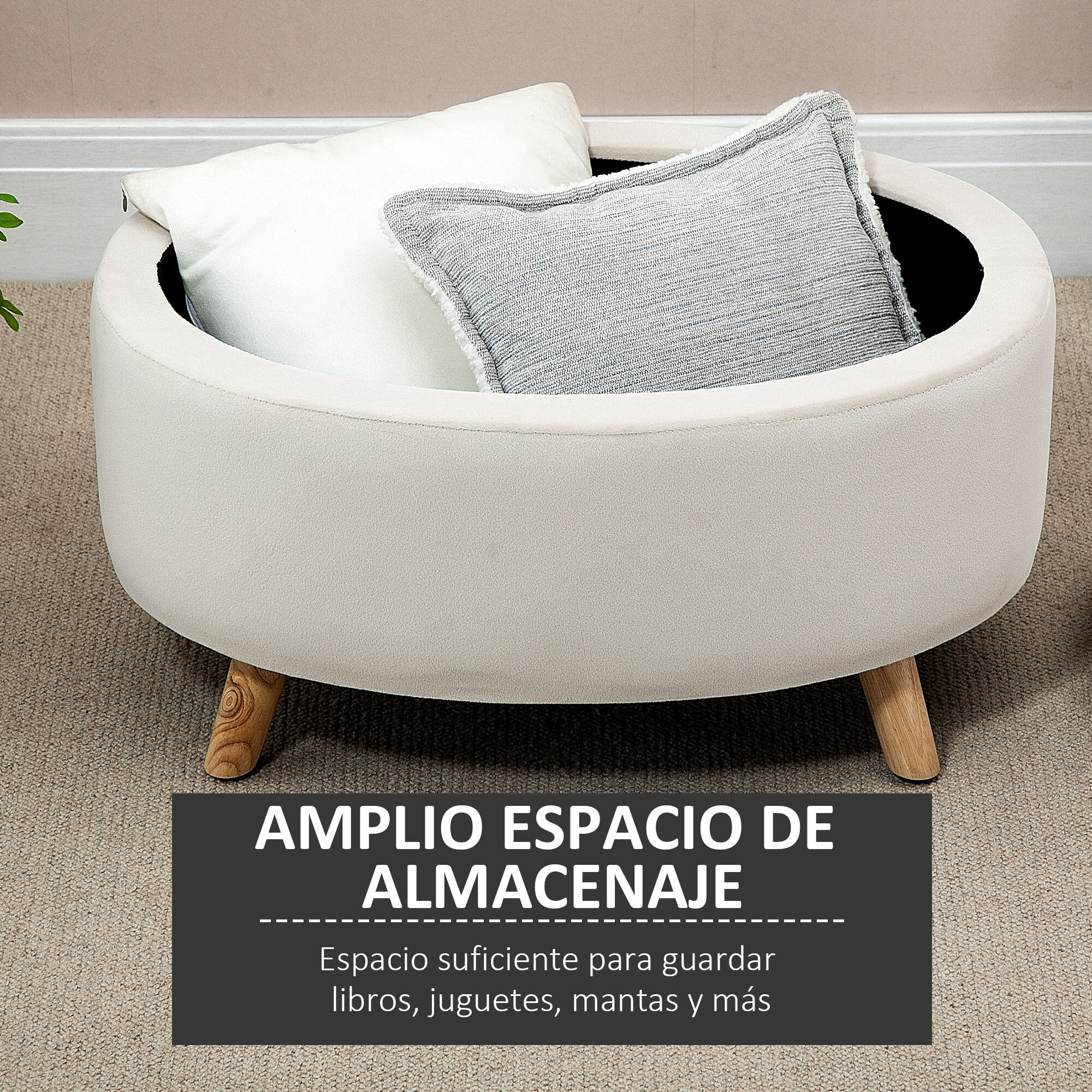 HOMCOM Otomano Puff Tapizado en Terciopelo Acolchado Taburete de Almacenaje Elíptico con Tapa Extraíble y Patas de Madera para Dormitorio Salón Pasillo 71x51,5x42 cm Beige