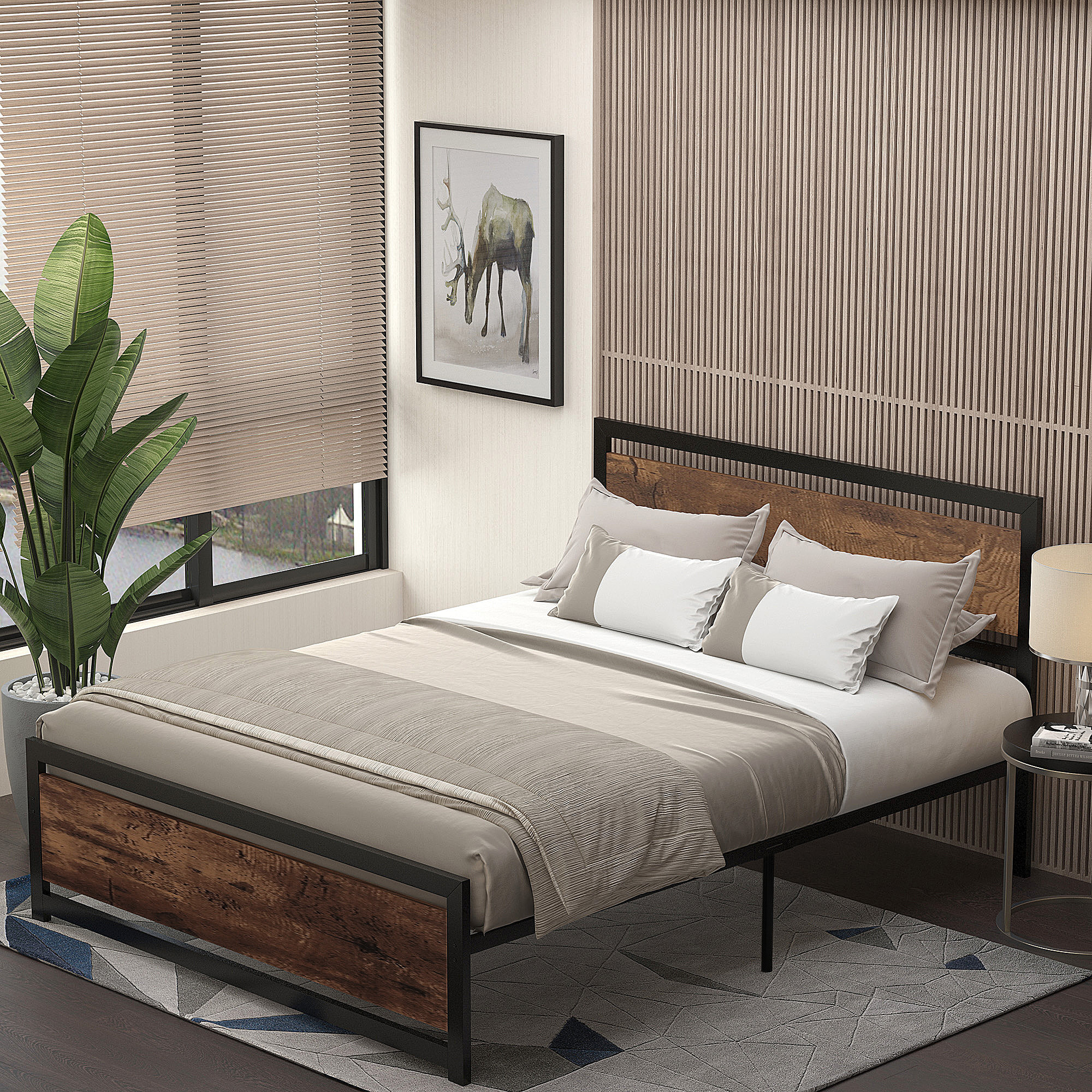 Lit double design industriel - tête de lit, pied de lit et sommier - dim. 208L x 167l x 103H cm - compatible matelas 200L x 160l cm - acier noir MDF aspect bois avec veinage