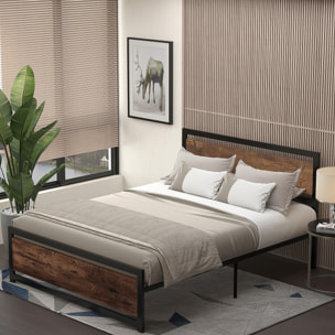 Lit double design industriel - tête de lit, pied de lit et sommier - dim. 208L x 167l x 103H cm - compatible matelas 200L x 160l cm - acier noir MDF aspect bois avec veinage