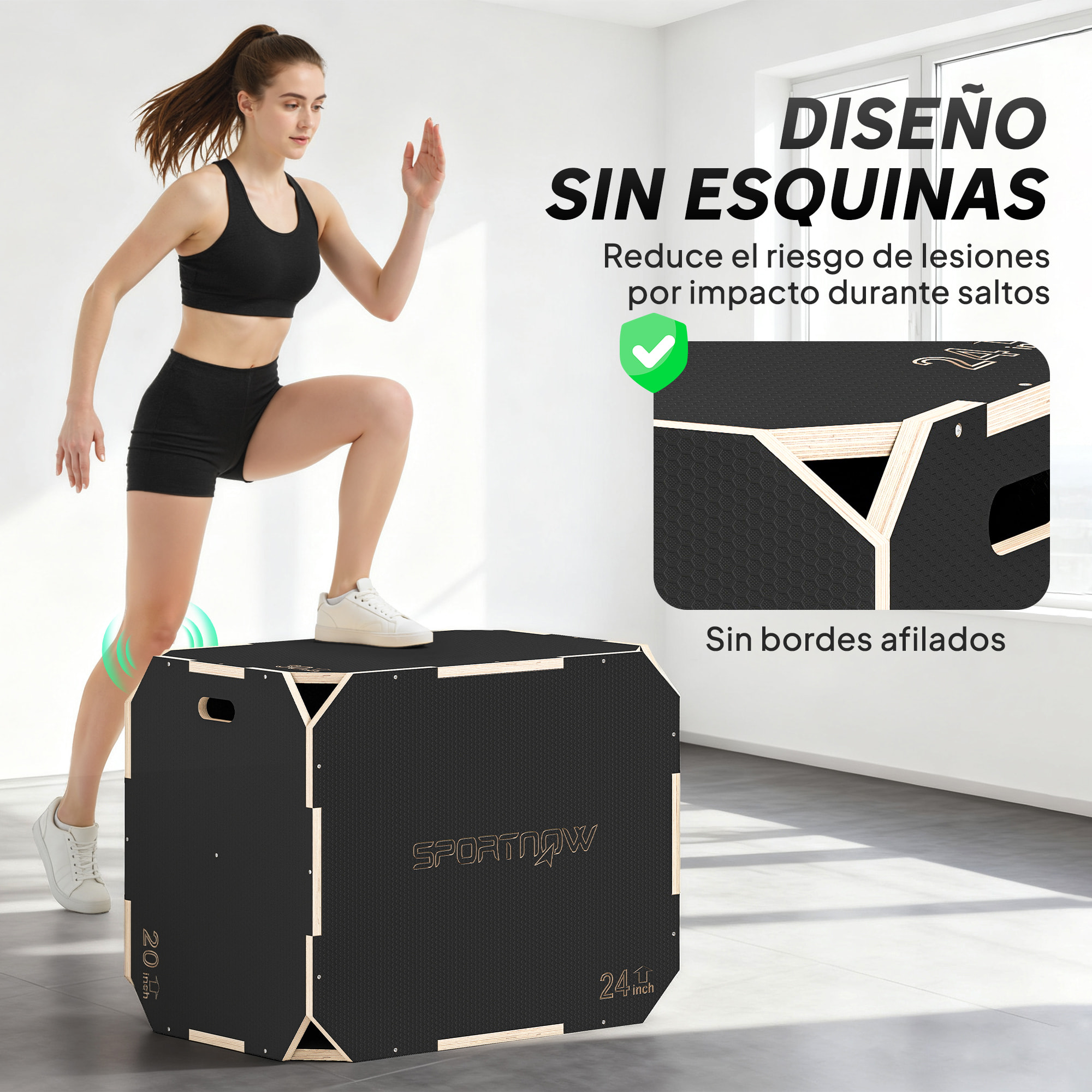 Cajón Pliométrico de Madera 3 en 1, Plataforma de Caja Pliométrica con 3 Alturas Ajustables 76/61/51 cm, Asas, sin Esquinas, Entrenamiento de Salto, Fuerza, para Casa, Gimnasio y Exterior