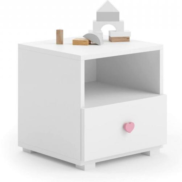 Comodino moderno per camera da letto, Tavolino da notte con 1 cassetto e pomello, cm 40x38h41, colore Bianco e Rosa