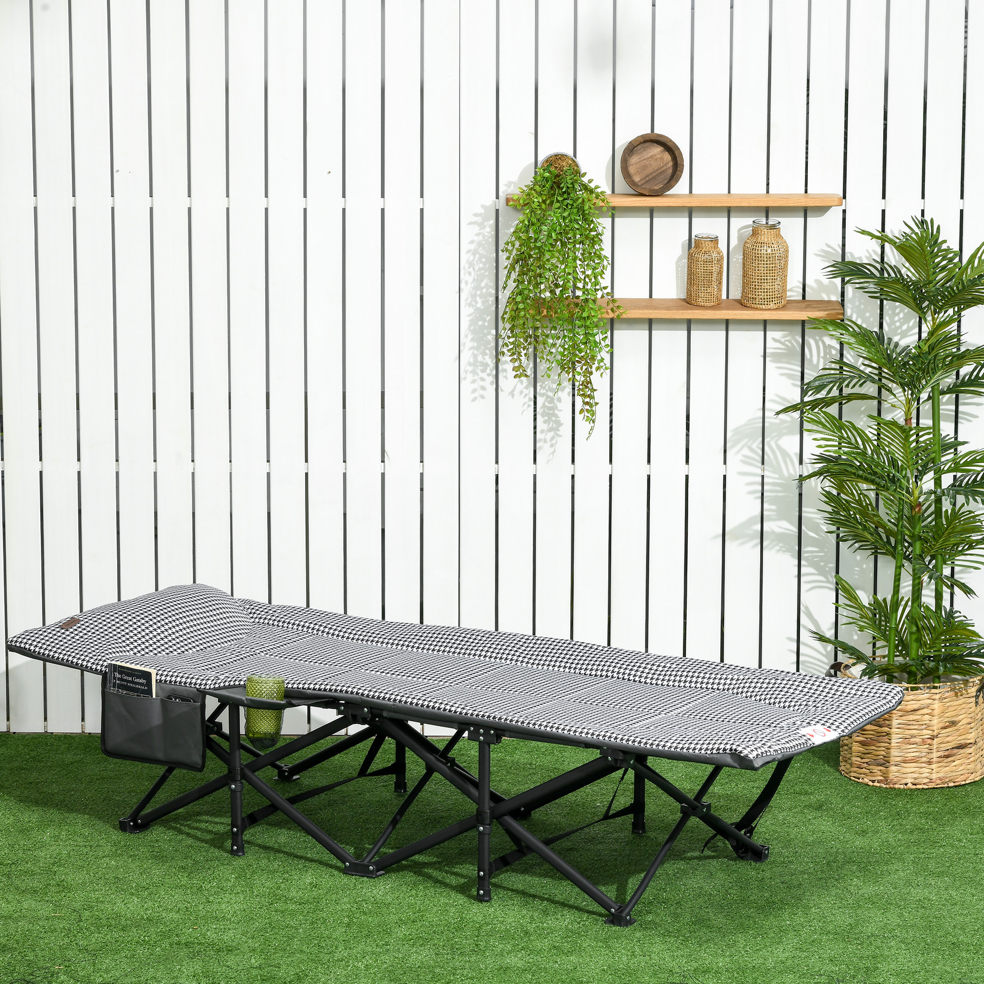 Lit de camp pliable portable design sac de transport matelas intégré motif pied-de-poule noir blanc