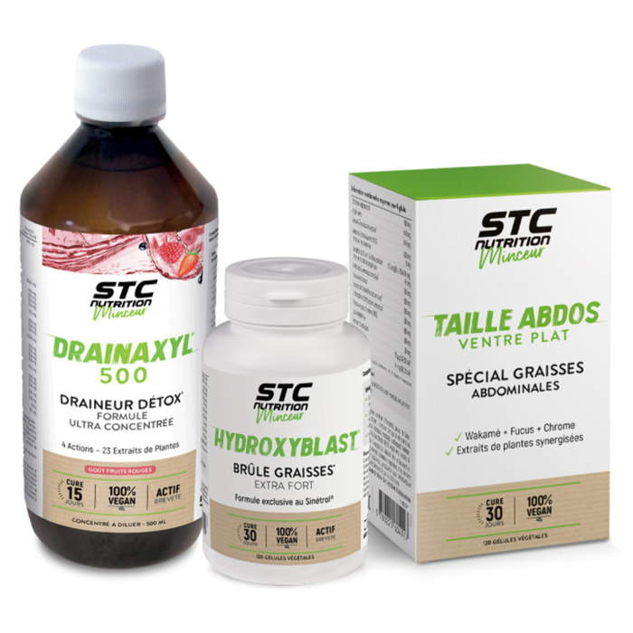 STC NUTRITION - Pack Perte de Poids Express - Complément alimentaire - Drainaxyl® 500 Fruits Rouges + Hydroxyblast® + Taille Abdos Ventre Plat + - Elimination & Drainage - Brûle graisses extra-fort - Programme 45j