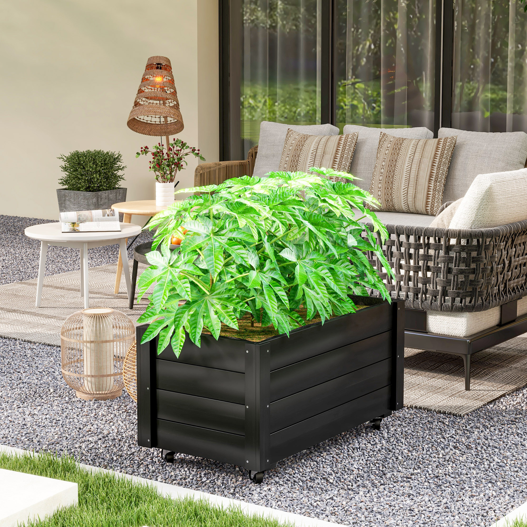 Jardinière sur roulettes - jardinière rectangulaire - inserts d'irrigation, feutre de drainage inclus - bois de sapin noir