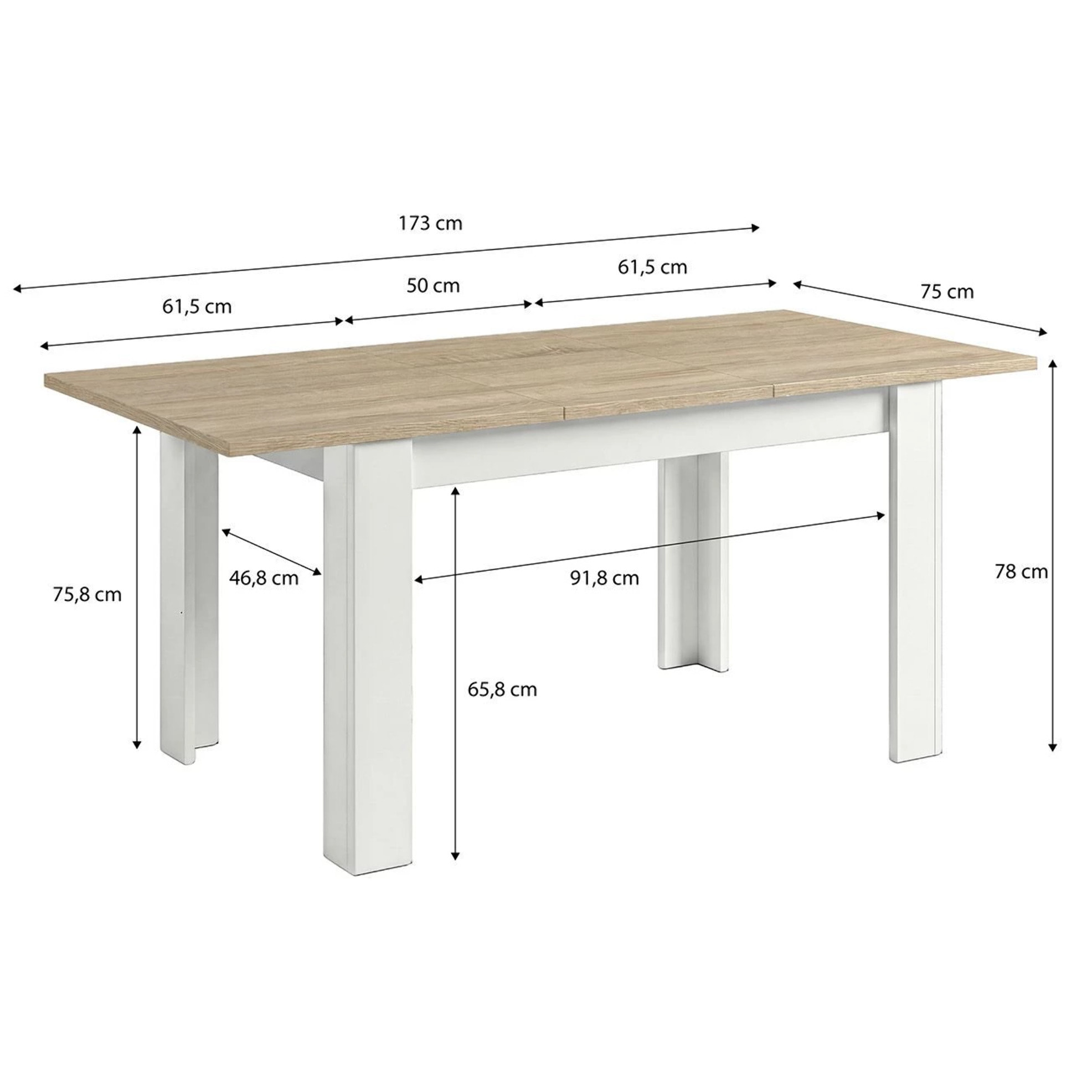 Mesa de comedor extensible en blanco artik y roble canadian 123-173x75 cm Sira Blanco Artik (Blanco Mate) - Roble Canadian