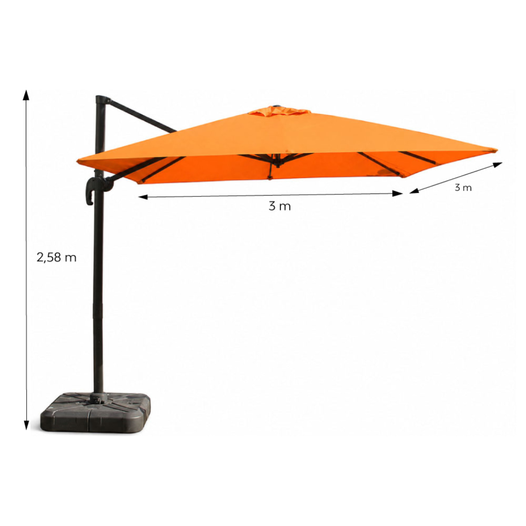 Parasol carré 3x3 déporté rotatif orange en aluminium RAFAELA