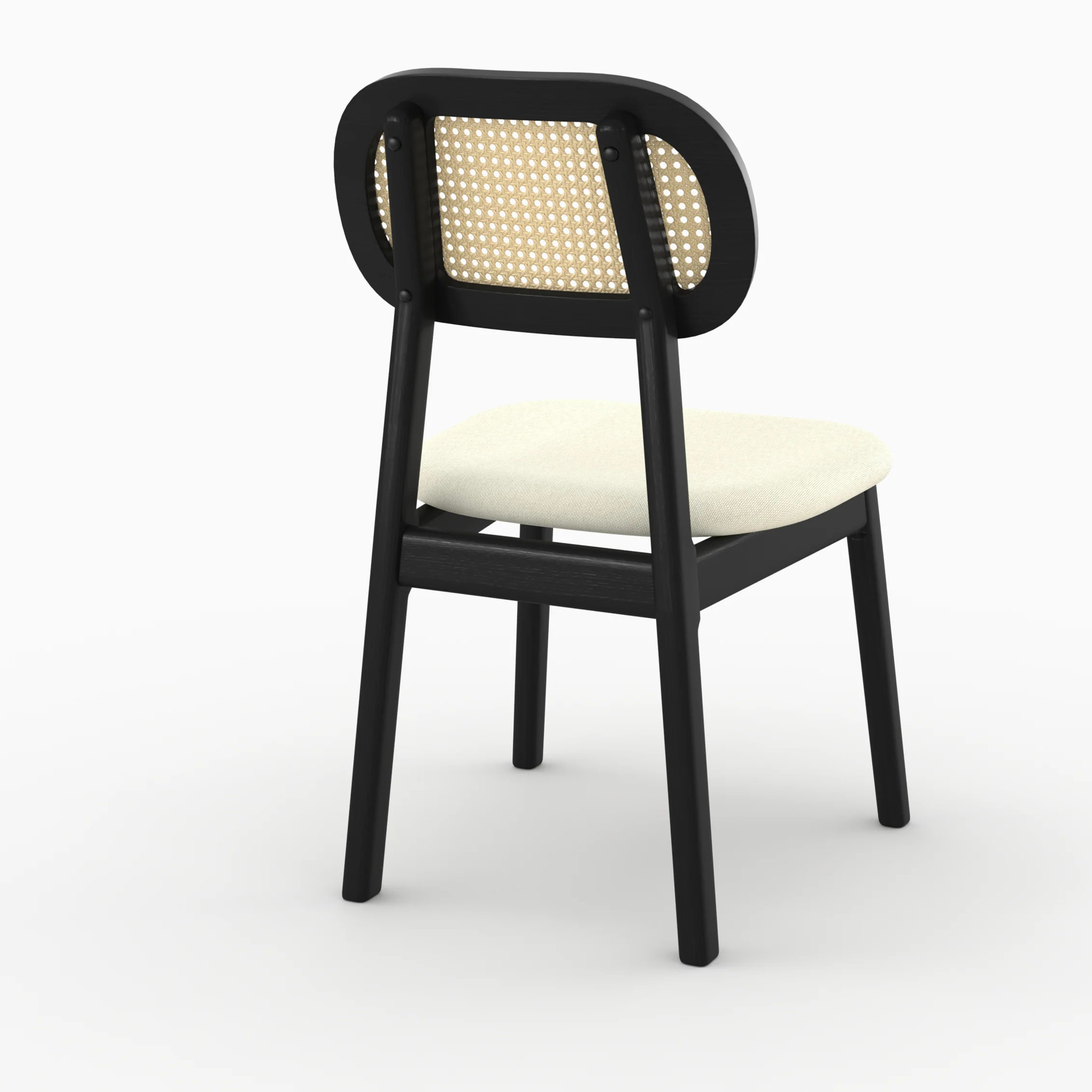 Lot de 2 chaises en bois noir, tissu beige et rotin synthétique - Maria