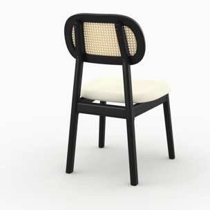 Lot de 2 chaises en bois noir, tissu beige et rotin synthétique - Maria