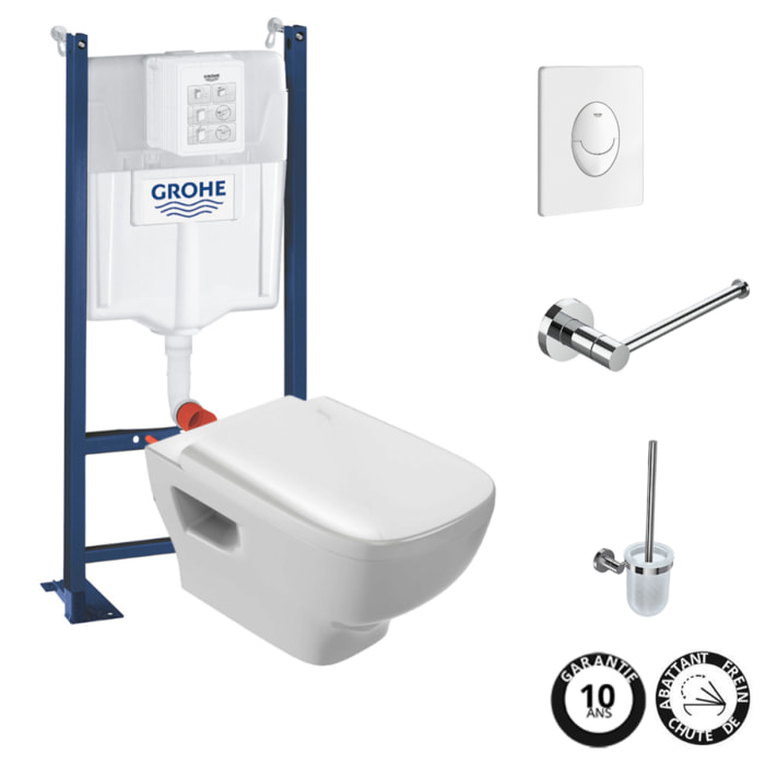 Pack WC suspendu sans bride Struktura + Bati-support GROHE + plaque Start blanc + porte-balai + porte-rouleau rond