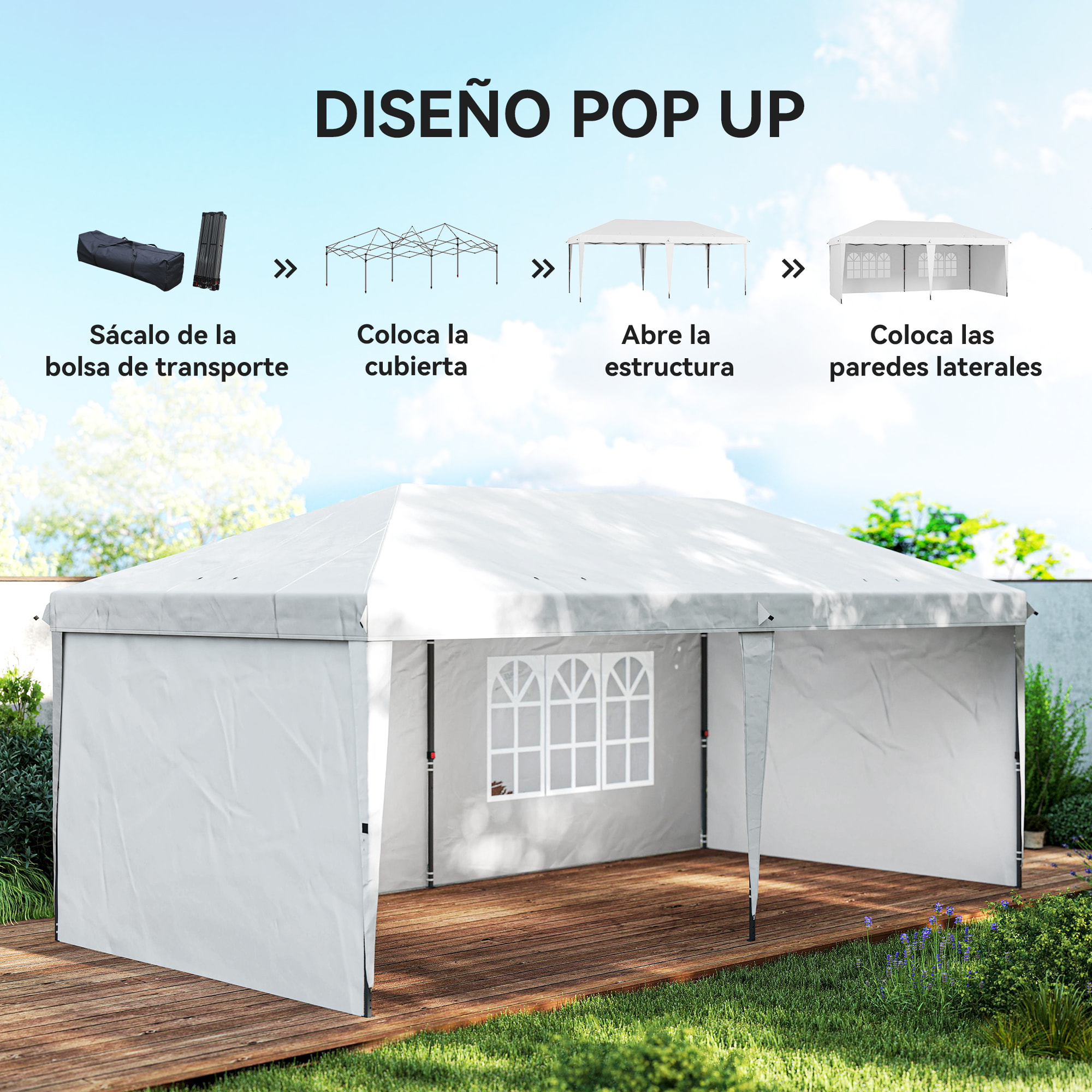 Carpa Plegable 6x3 m, Pop-up, con 4 Laterales Desmontables, Cenador de Jardín con 2 Ventanas Visibles, Bolsa de Transporte, Impermeable, Anti-UV, Gazebo para Camping, Fiestas, Exterior Blanco