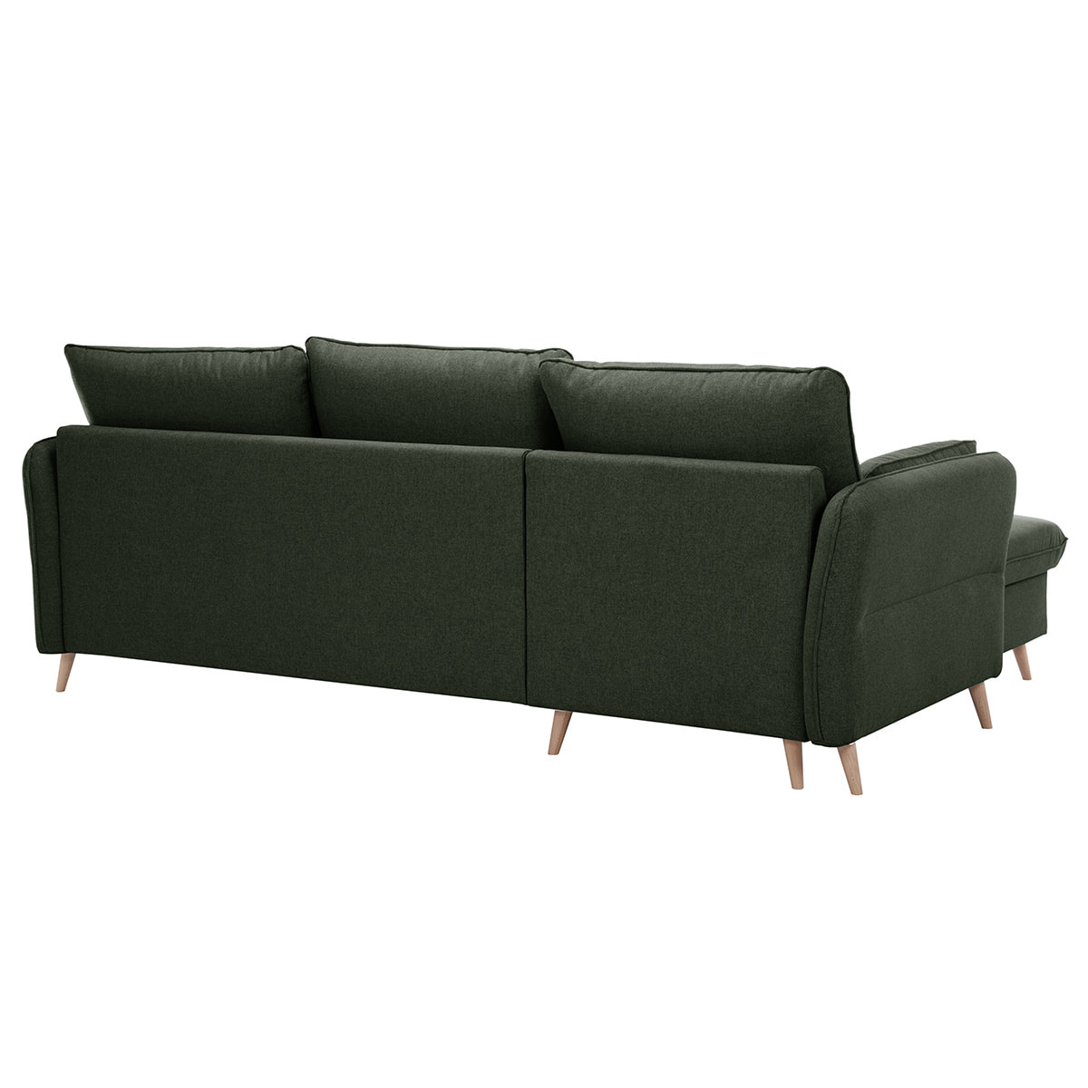 Canapé d'angle convertible réversible avec coffre 3-4 places en tissu vert kaki et bois clair DRISS
