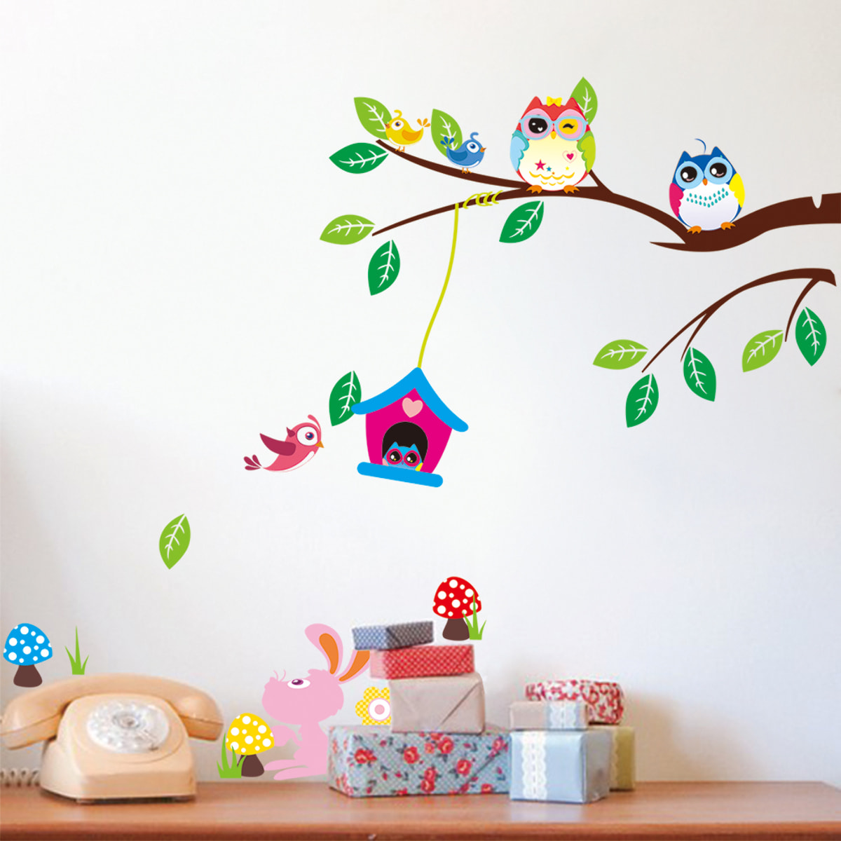 Stickers Muraux décoration adhésifs hiboux et cage oiseau sur un arbre