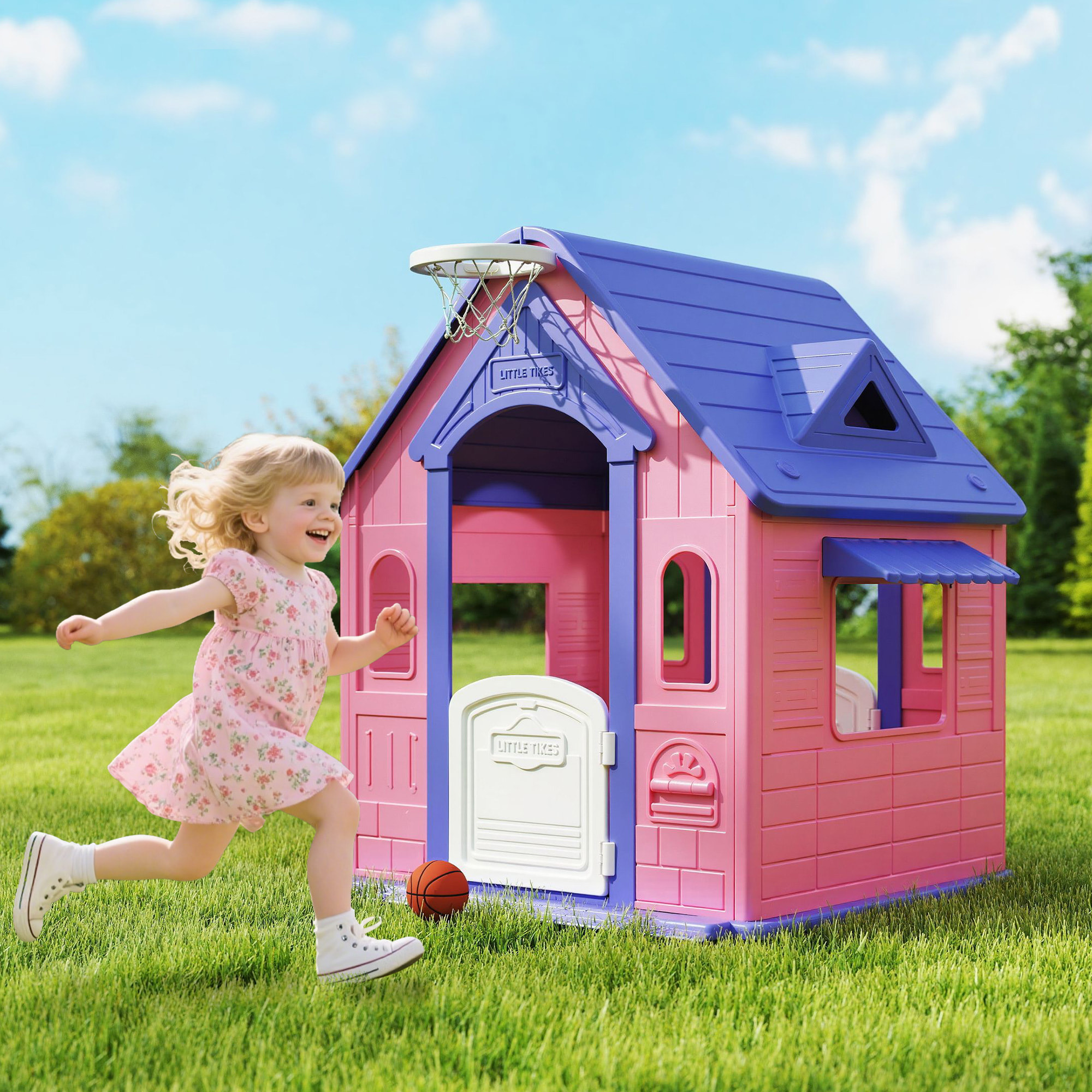 Casita Infantil Exterior e Interior 3 en 1, Casita Infantil de Jardín con Lanzamiento de Aros, Baloncesto, Casa de Juegos para Niños de 2-5 Años, Rosa y Morado