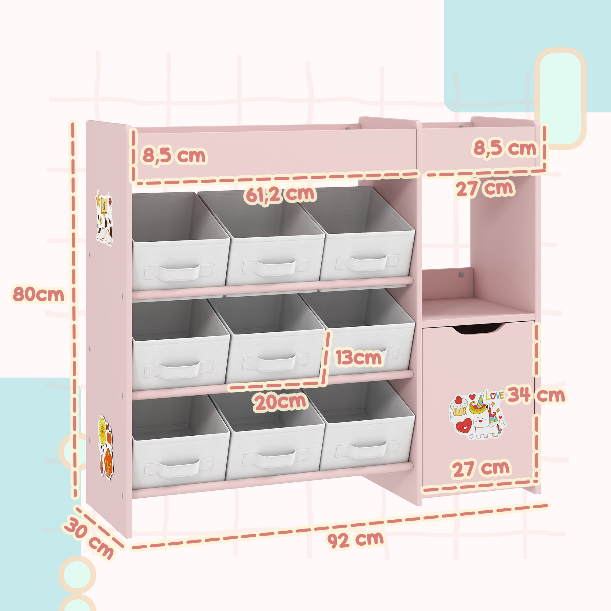 Etagère de rangement enfant pour jouets livres - 9 boîtes amovibles non-tissé - porte, niche, 2 compartiments - blanc rose