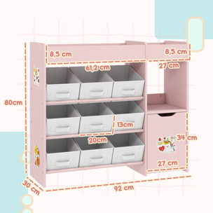 Etagère de rangement enfant pour jouets livres - 9 boîtes amovibles non-tissé - porte, niche, 2 compartiments - blanc rose