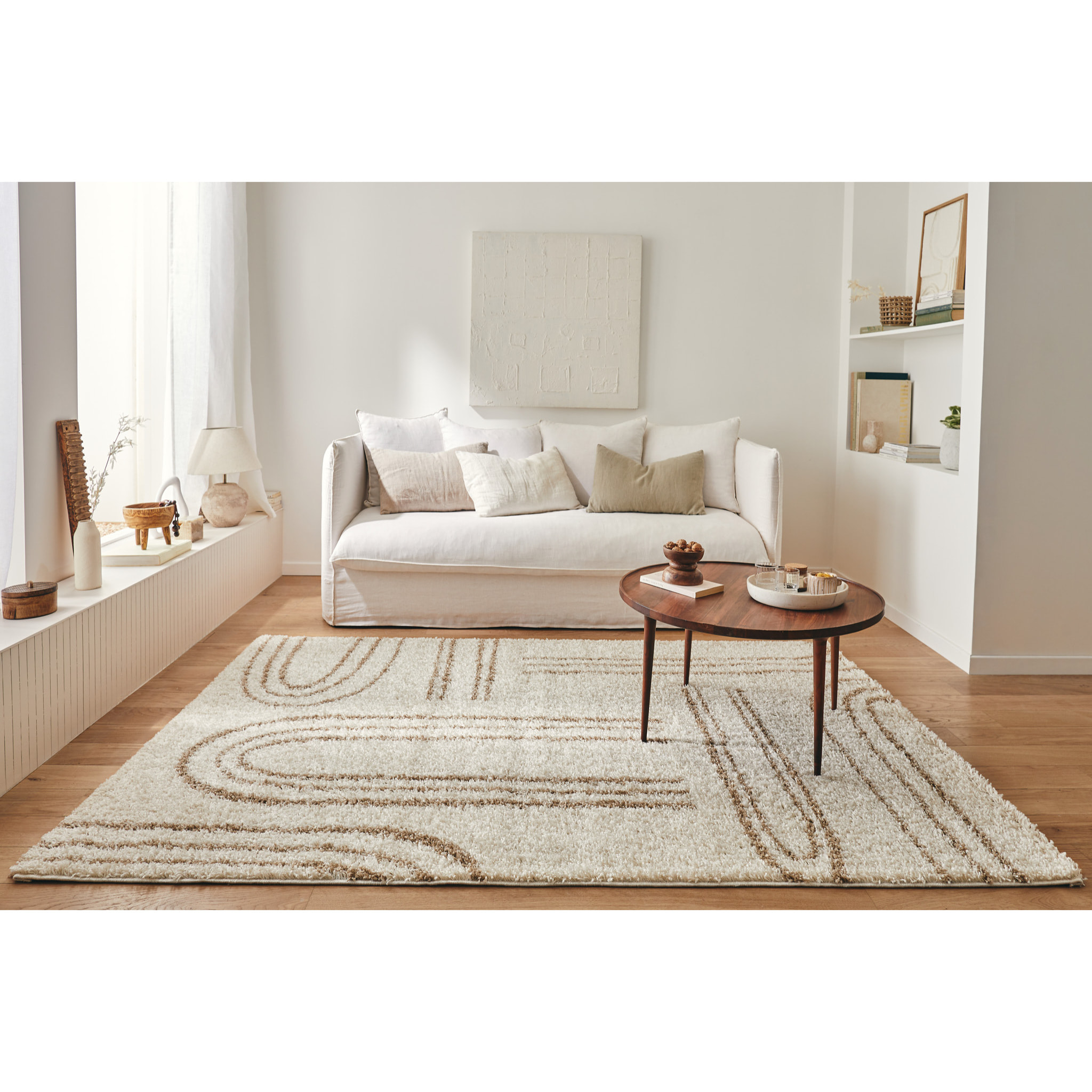 OLYMPE - Tapis shagy à poils long à motif graphique - Beige