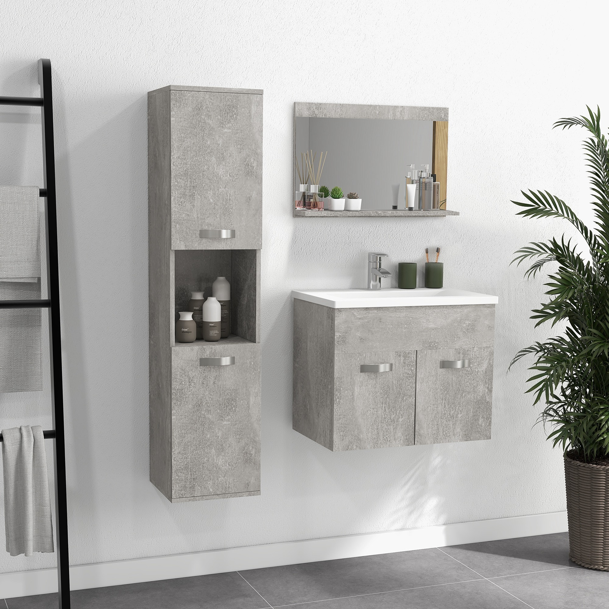 Conjunto de Muebles de Baño de Pared 3 Piezas Incluye Espejo Armario con Lavabo Cerámico y Columna Auxiliar de Baño Estilo Moderno Gris