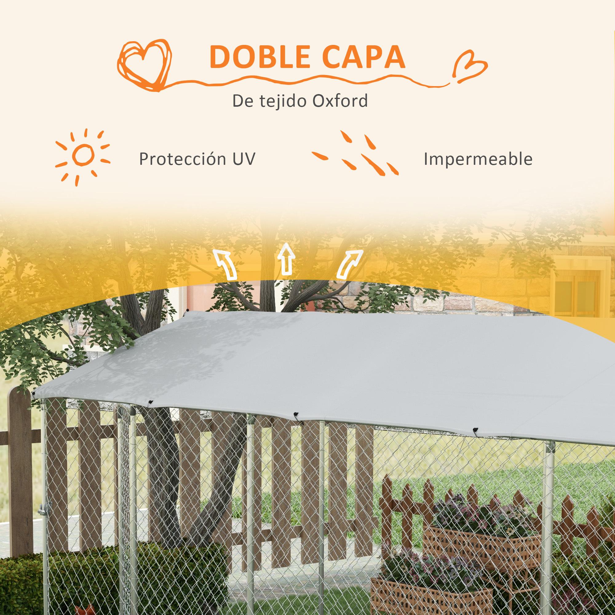 Perrera Jaula de Exterior para Perros Parque para Perros con 1 Puerta Marco de Acero Toldo Impermeable y Anti-UV 600x230x230 cm Plata