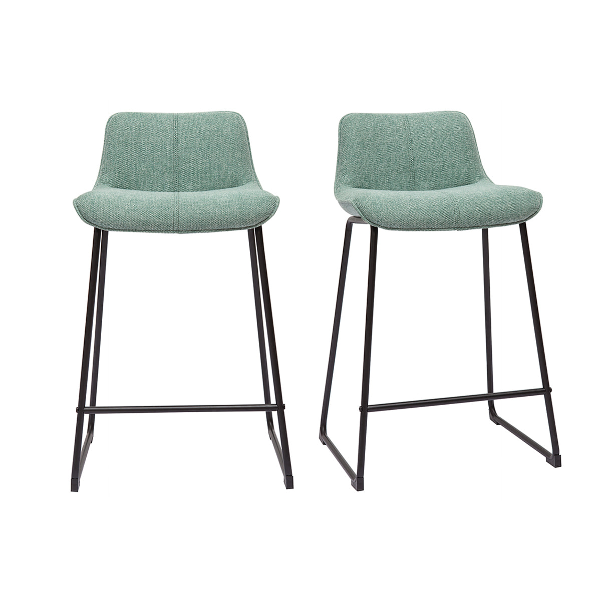 Tabourets de bar en tissu effet velours texturé vert céladon et métal noir H65 cm (lot de 2) BOOST