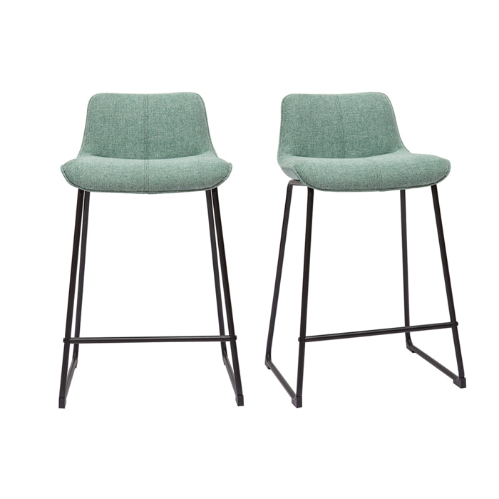 Tabourets de bar en tissu effet velours texturé vert céladon et métal noir H65 cm (lot de 2) BOOST