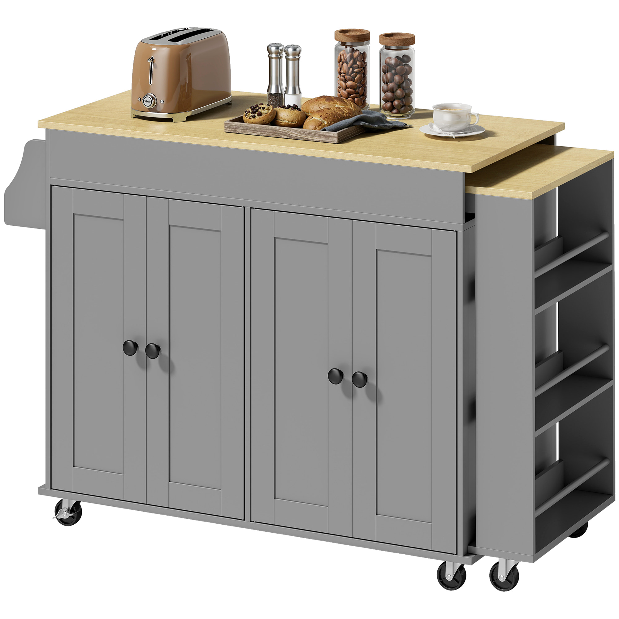 Isla de Cocina con Ruedas, Encimera Extensible, Carro de Cocina con 4 Puertas, Estantes Ajustables, Estantería Lateral Abierta, Especiero y Soporte para Toallas, para Comedor, Gris