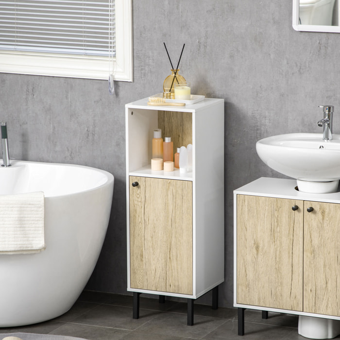 kleankin Armario Auxiliar de Baño Columna Auxiliar de Baño con Puerta Compartimiento Abierto y Patas de Acero para Lavabo Ducha Antivuelco 31,5x30x91 cm Roble y Blanco