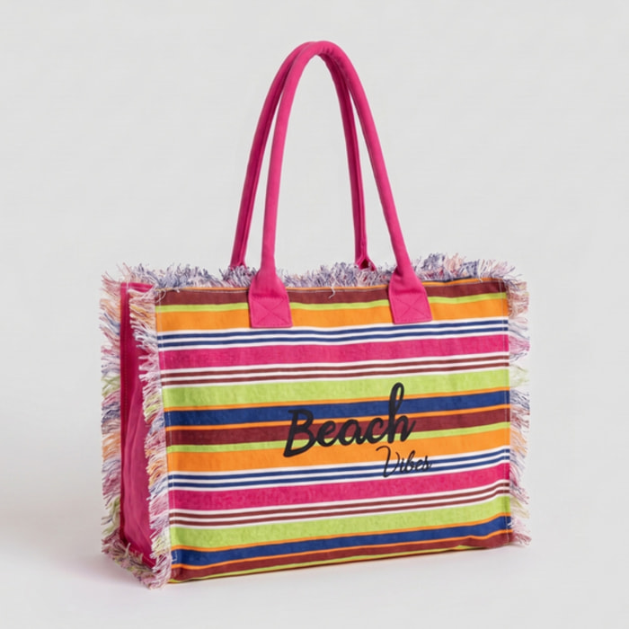 Borsa mare donna con pochette coordinata, shopper spiaggia grande in cotone effetto fouta con frange e zip, borsa rigata multicolor Beach Vibes, capiente e leggera, ideale per mare piscina vacanze e tempo libero