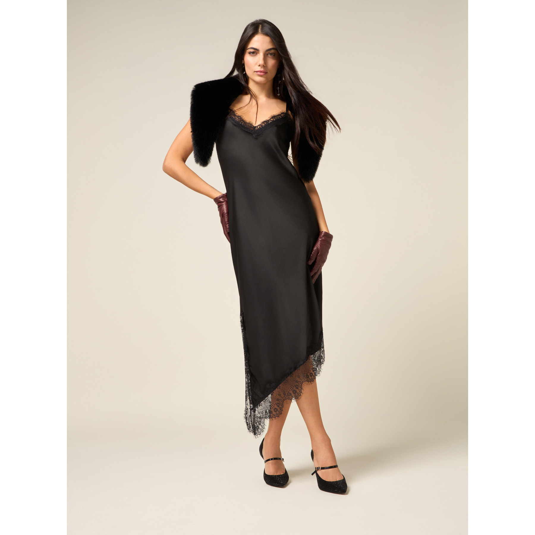 Oltre - Vestito lingerie in raso e pizzo - Nero