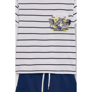 Conjunto Niño Verano 2 Piezas Camiseta de Rayas Blanca y Azul con Bolsillo Estampado Tropical + Bermuda Azul Marino, Transpirable | Color: Rayas azul | Street Monkey