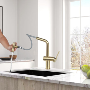 Aurum mitigeur lavabo + mitigeur cuisine Ceramia Timeless acier inoxydable, douchette extractible, or brossé (SATTMLBA185BG)