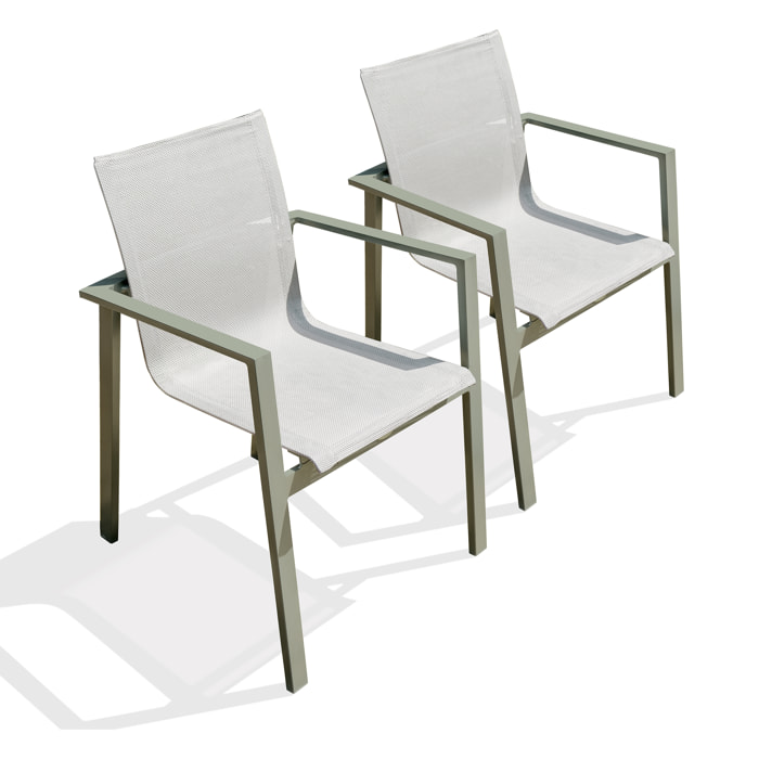 MIAMI - Lot de 2 fauteuils de jardin empilables en alu kaki et toile grise