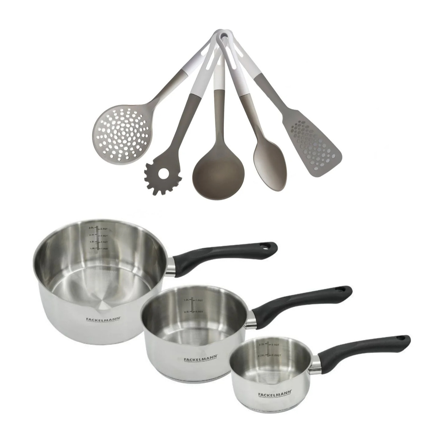 Batterie de cuisine avec 3 casseroles 12/16/20 cm en inox et 5 ustensiles de cuisine sans PFAS Fackelmann Généva Vario