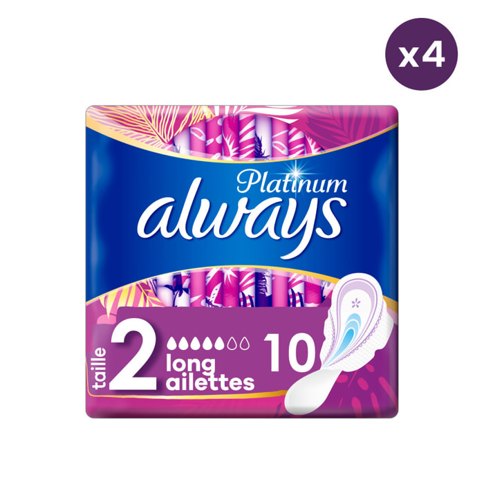 4x10 Serviettes Hygiéniques Always Platinum Long - Avec Ailettes