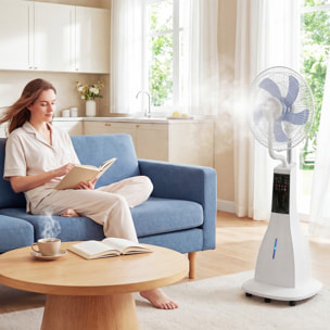 Ventilador Nebulizador, 90W, Ventilador con Agua, Oscilación 75°, 3 Velocidades, 5 Aspas, 3 Modos, Depósito de Agua 3L, Temporizador 7,5h, Control Remoto, 5 Ruedas, para Hogar, Oficina, Blanco