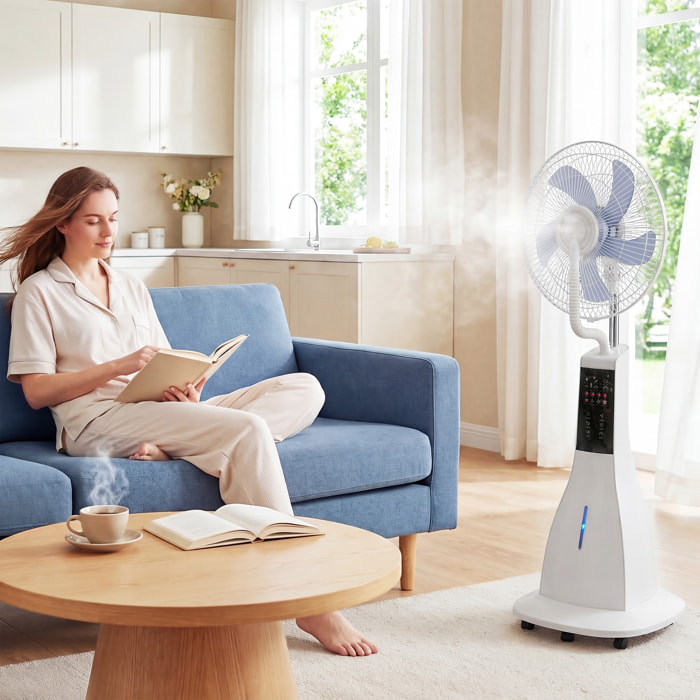Ventilador Nebulizador, 90W, Ventilador con Agua, Oscilación 75°, 3 Velocidades, 5 Aspas, 3 Modos, Depósito de Agua 3L, Temporizador 7,5h, Control Remoto, 5 Ruedas, para Hogar, Oficina, Blanco