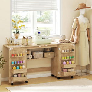 Mesa de Costura Plegable con 6 Ruedas, Mueble para Máquina de Coser con 20 Clavijas para Hilos, 4 Compartimentos, Estante, Armario de Costura para Estudio, Salón, Dormitorio, Roble