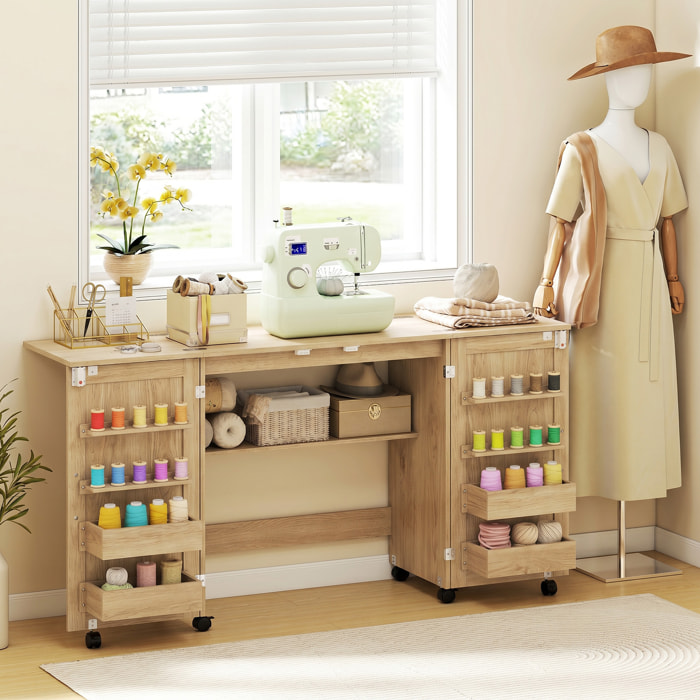 Mesa de Costura Plegable con 6 Ruedas, Mueble para Máquina de Coser con 20 Clavijas para Hilos, 4 Compartimentos, Estante, Armario de Costura para Estudio, Salón, Dormitorio, Roble