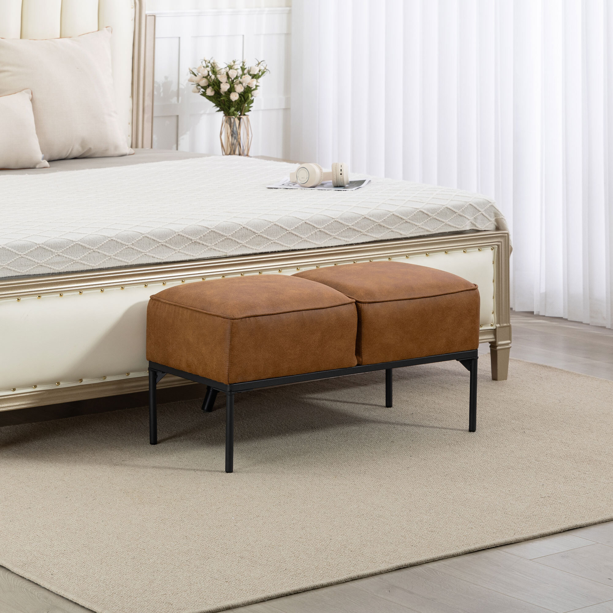 Taburete Pie de Cama, Banco Pie de Cama Moderno con Asiento Acolchado Grueso y Patas de Acero, Cuero Sintético, Banqueta de Dormitorio, Carga 120kg, para Entrada, Pasillo, 80x40x46 cm, Marrón