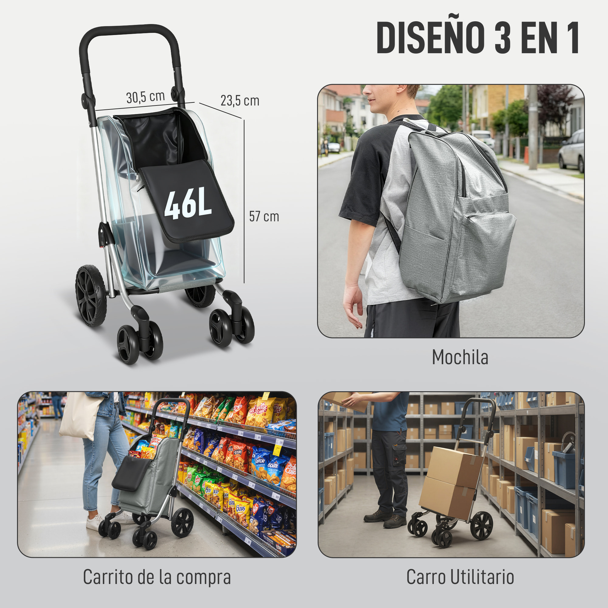Carrito de Compra Plegable de 46 L de Aluminio con Bolsa Térmica, Carro de la Compra 3 en 1 con 6 Ruedas y Asa Ajustable, para Supermercado, Gris