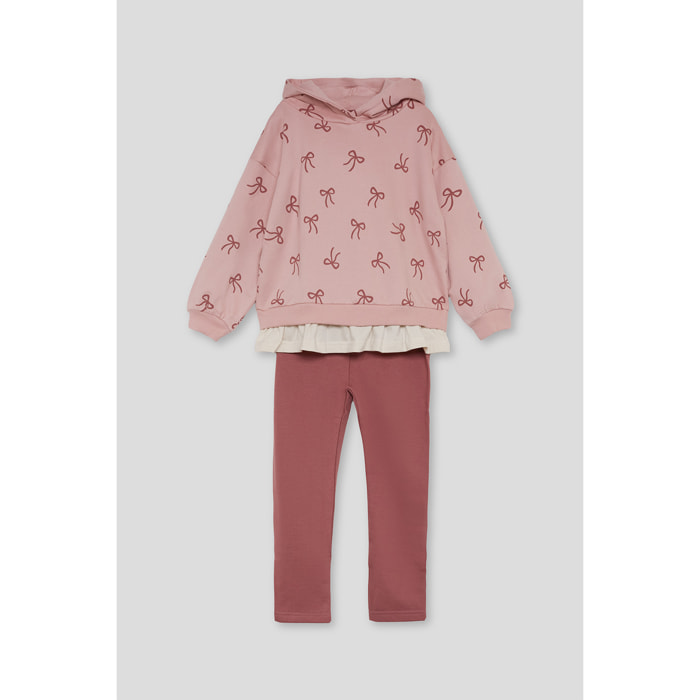 Conjunto niña sudadera con capucha rosa empolvado con lazos y volante y leggings lisos, suaves | Color: Rosado | Street Monkey