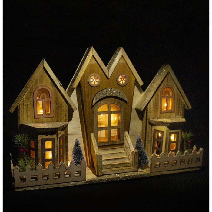 DAM Casa de madera siberiana de 48cm. Decoración de navidad, con luces LED. 48x9x28 Cm. Color: Marrón