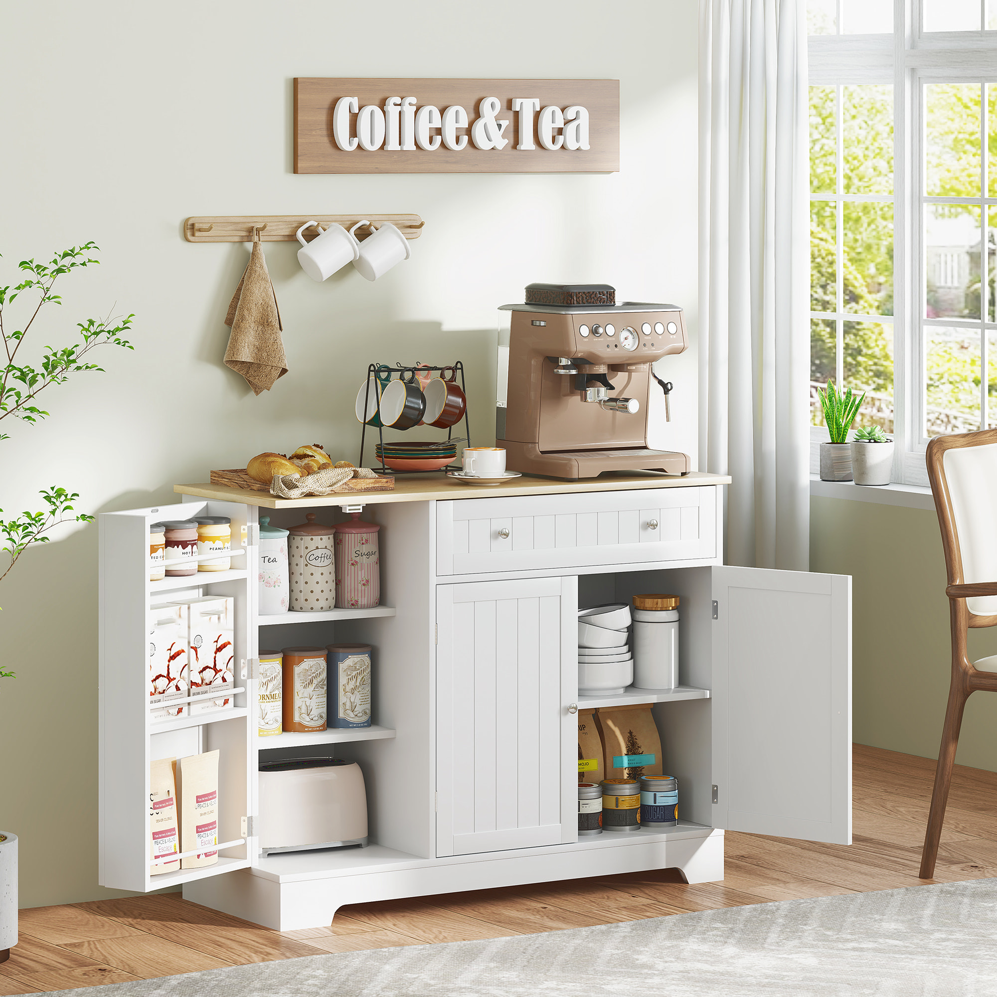 Aparador de Cocina, Armario de Cocina con 3 Estantes de Puerta, 1 Cajón, Estantes Ajustables, Aparador para Comedor, 105x40x83 cm, Blanco
