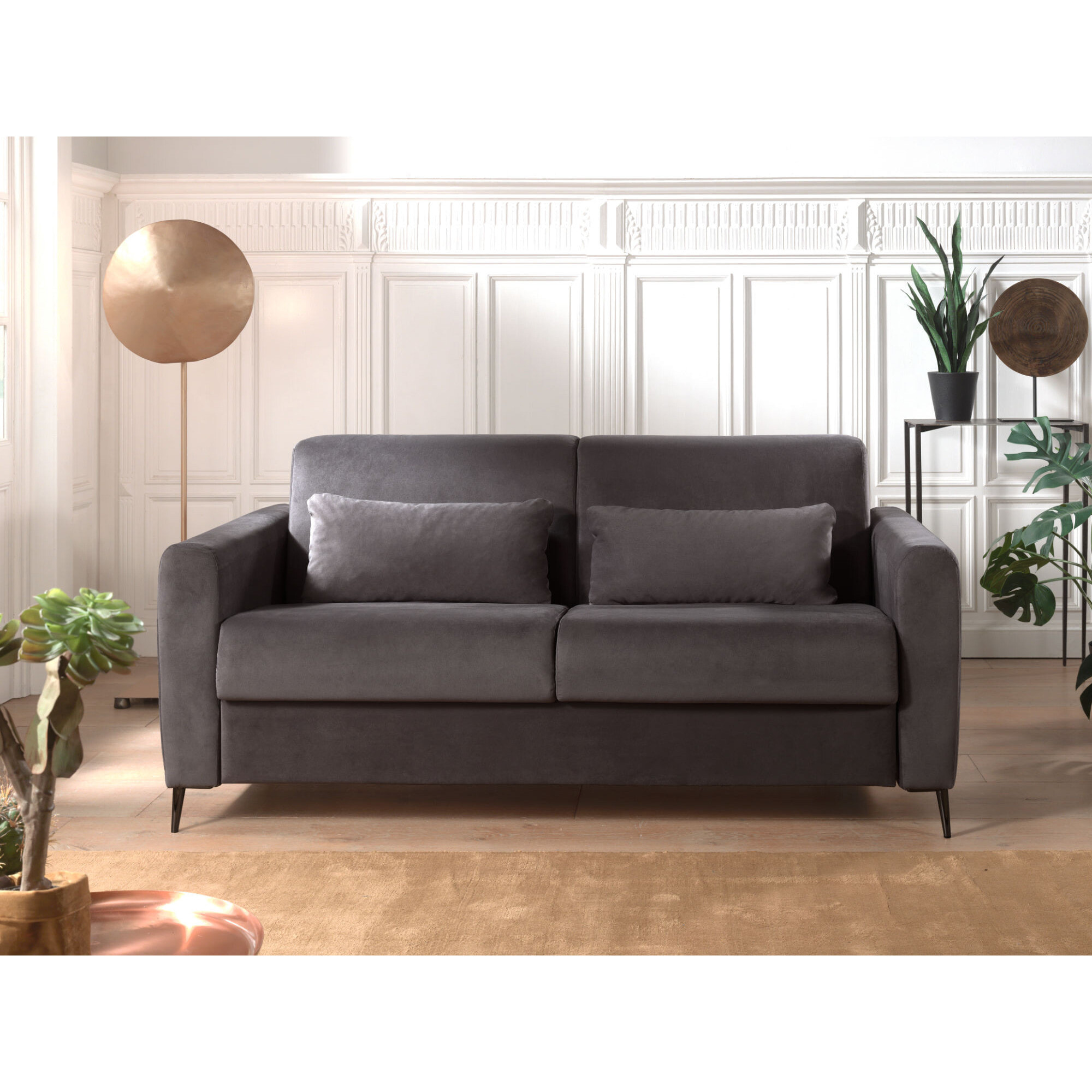 Owen - canapé lit 3 places convertible express couchage quotidien 140 cm matelas 12 cm en velours - Gris foncé