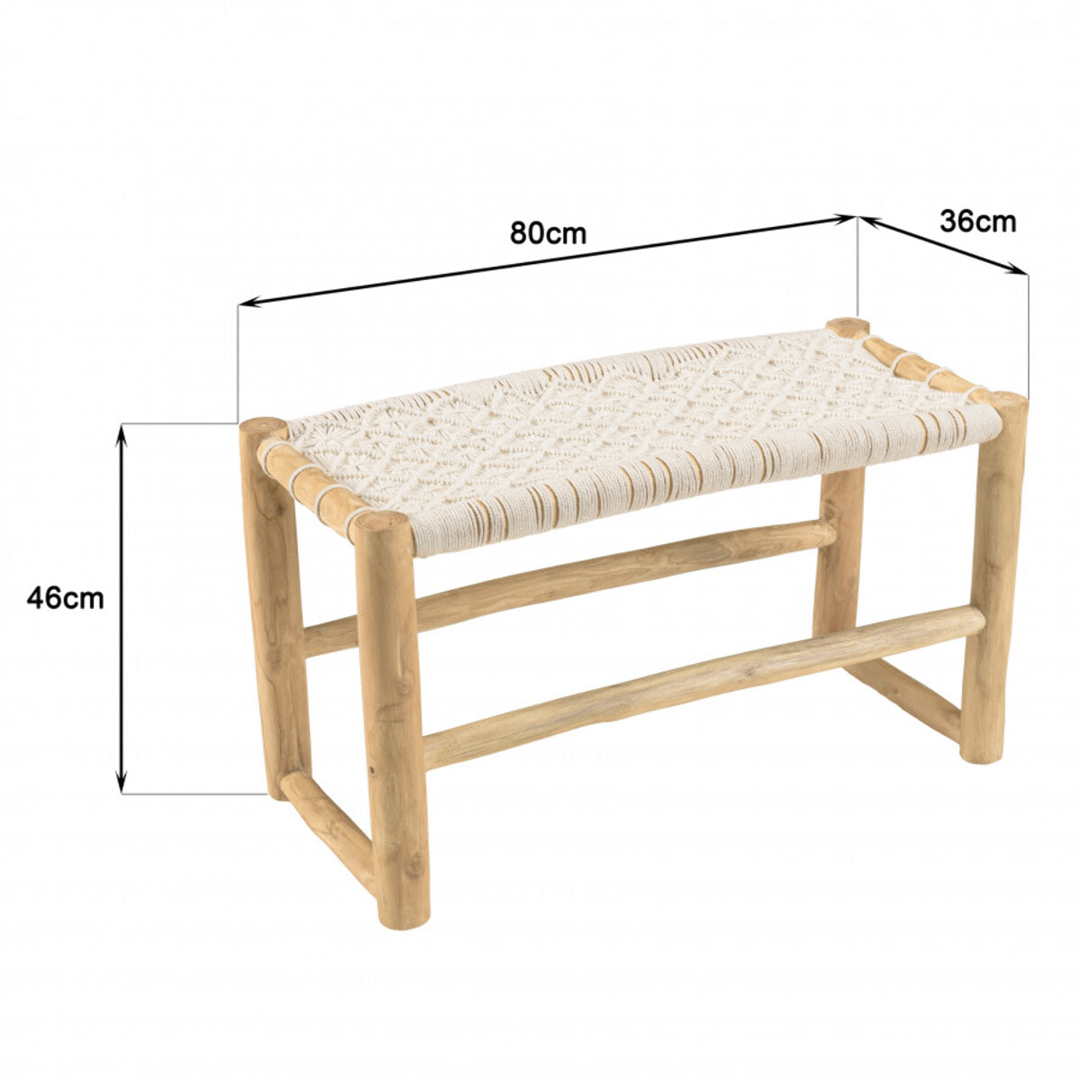 WILL - Banc en branches de teck naturel assise en macramé blanc