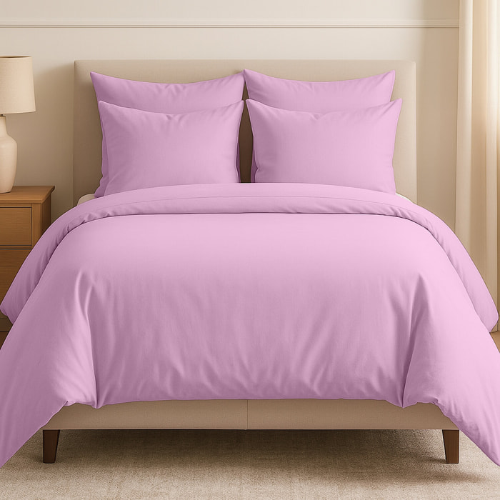 Parure housse de couette + 2 taies unie en coton 57 fils rose