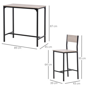 Conjunto Mesa Alta de Cocina con 2 Taburetes, Mesa de Bar Alta, Ahorro de Espacio, para Pisos Pequeños, Comedor, Balcón o Isla Cocina, Estilo Industrial, 89x45x87 cm, Natural y Negro