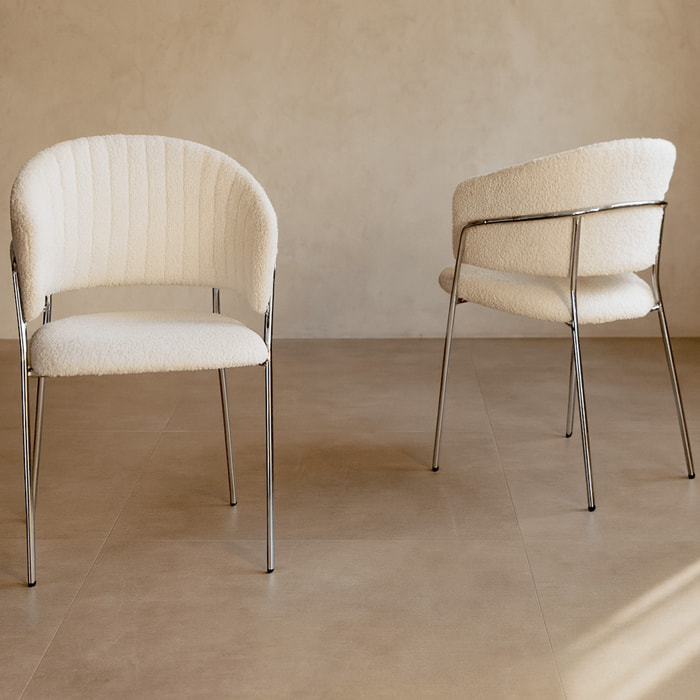 Lot de 2 chaises en tissu bouclé, piètement chromé - ISYA