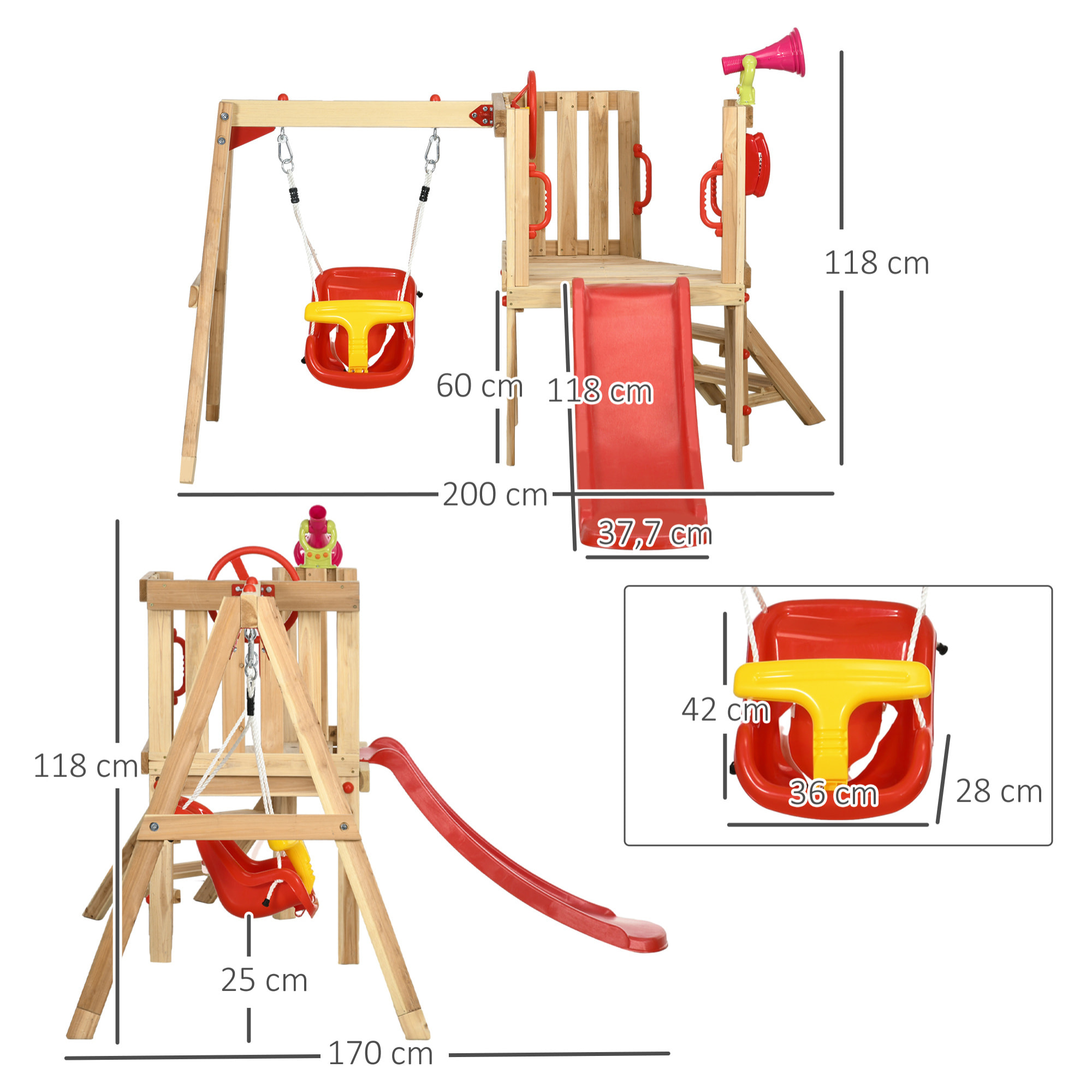 Juego de Tobogán y Columpio para Niños de 18-48 Meses 4 en 1 Parque Infantil de Madera con Columpio Tobogán Volante Bocina Teléfono para Patio Césped 170x200x118 cm Rojo y Natural